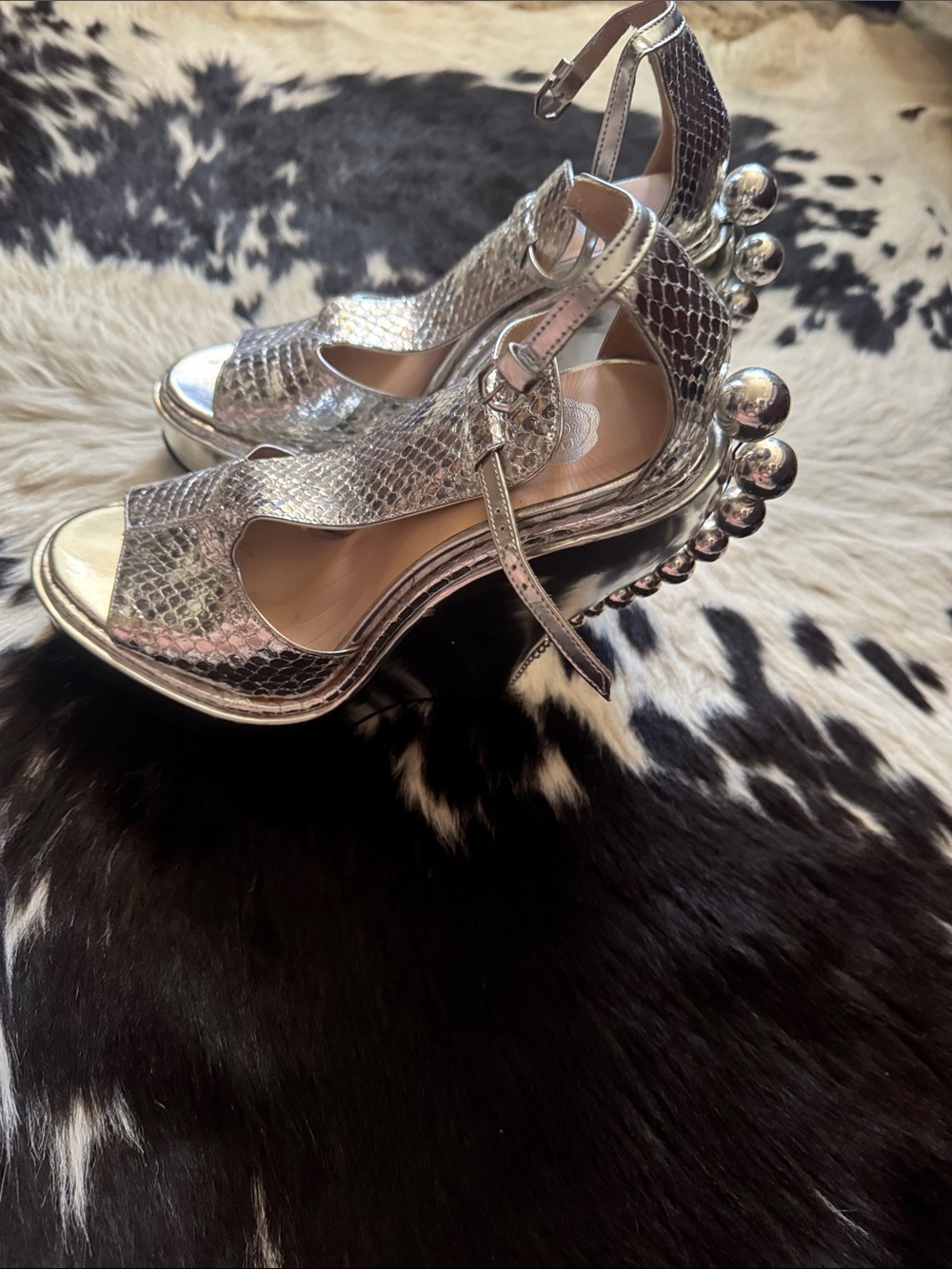 Viktor & Rolf Silver Textured Platform Sandals with Orb-Accented Runway Heels